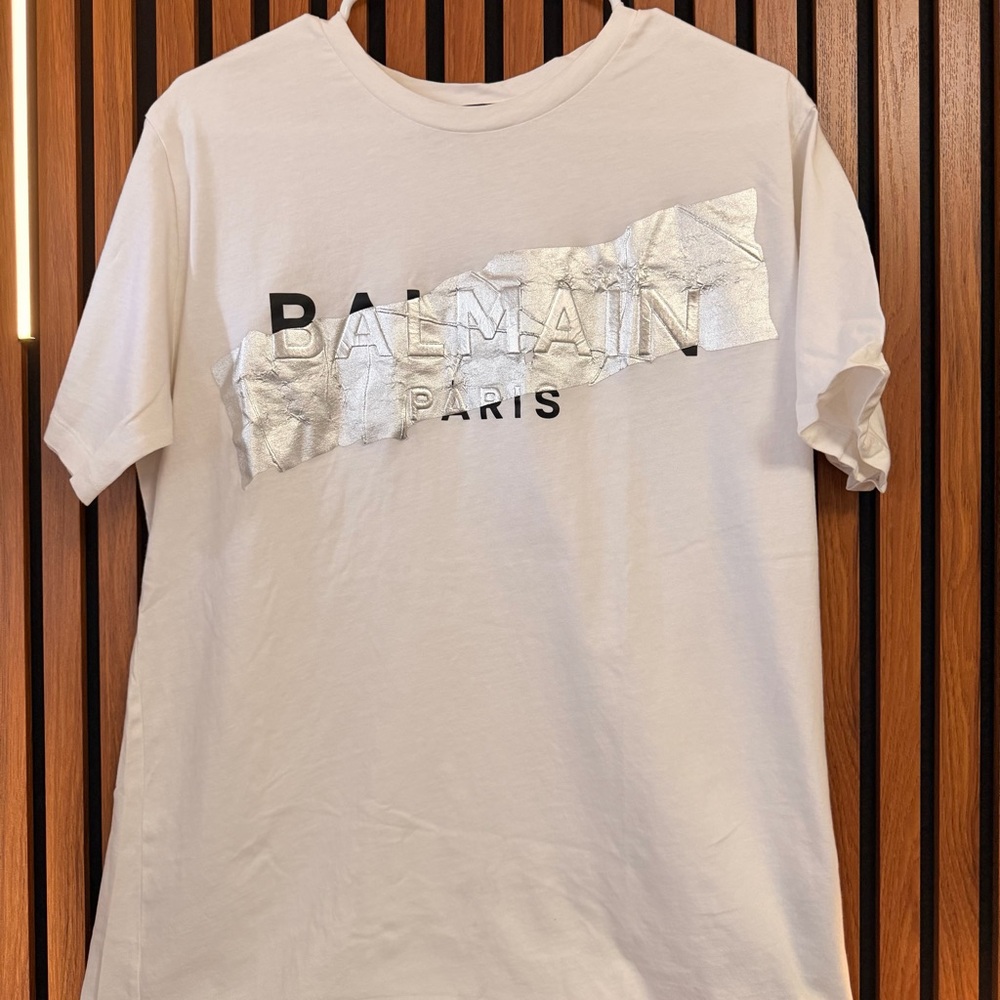 Balmain White Tee with Silver Graphic
